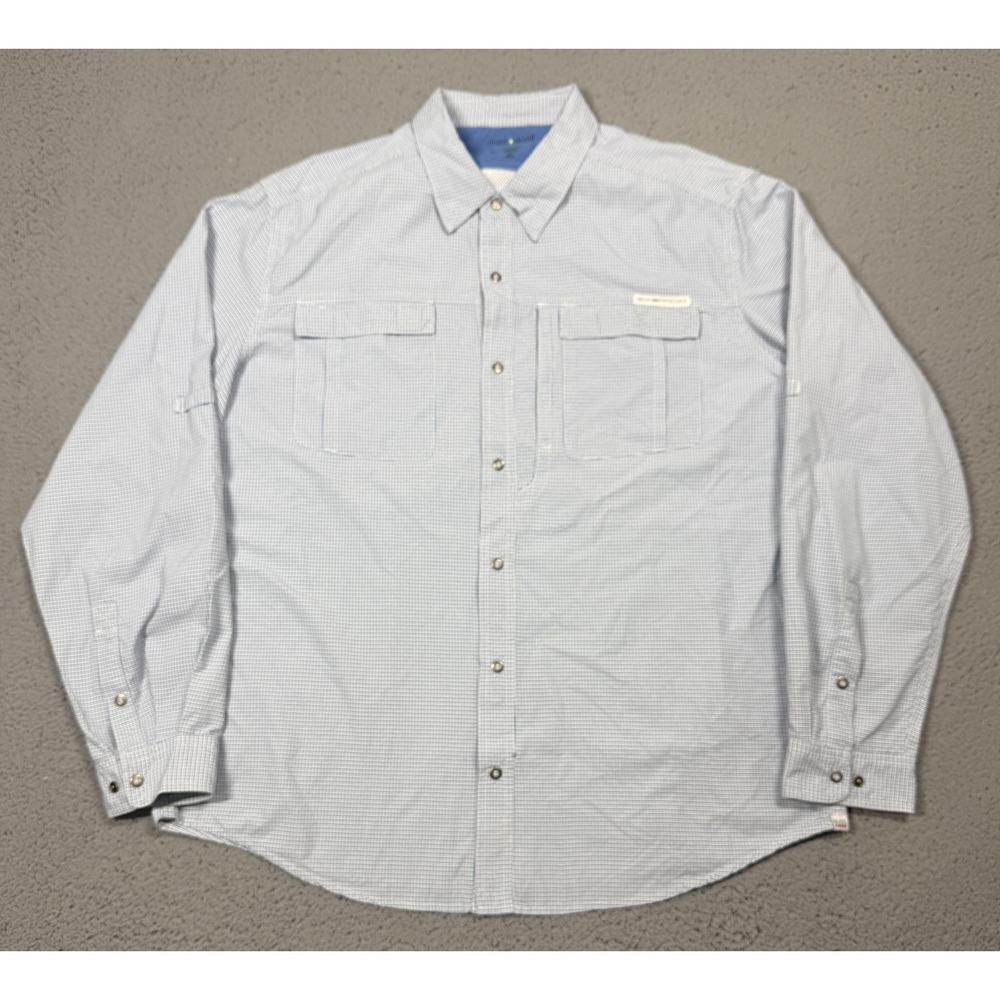 ExOfficio Shirt Mens XL Blue Check Long Sleeve Snap Front Insect Shield Hiking